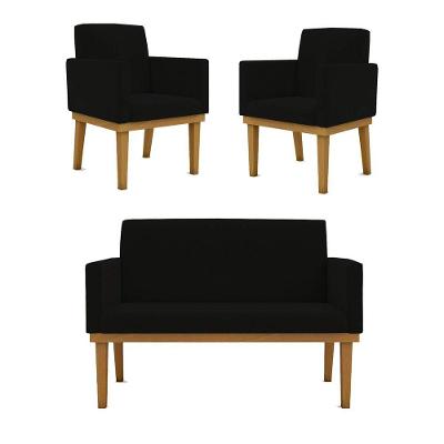 Kit Sofá 2 Lugares + Poltrona Base Suede Sala De Estar Preta