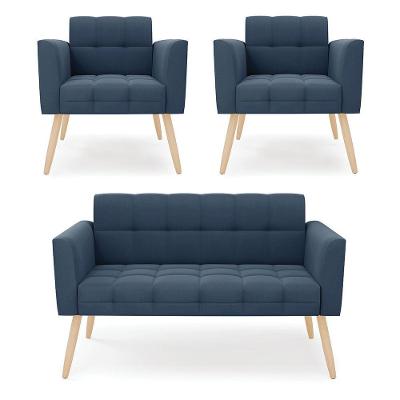 Kit 1 Sofá Namoradeira E 2 Poltronas Elisa Suede Pés Palito Natural - D'rossi Cor Azul Marinho