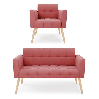 Kit 1 Sofá Namoradeira E 1 Poltrona Elisa Suede Pés Palito Natural - D'rossi Cor Rose