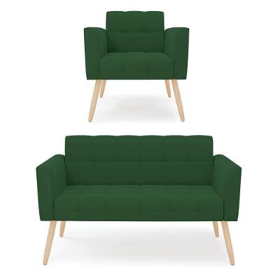 Kit 1 Sofá Namoradeira E 1 Poltrona Elisa Veludo Pés Palito Natural - D'rossi Cor Verde