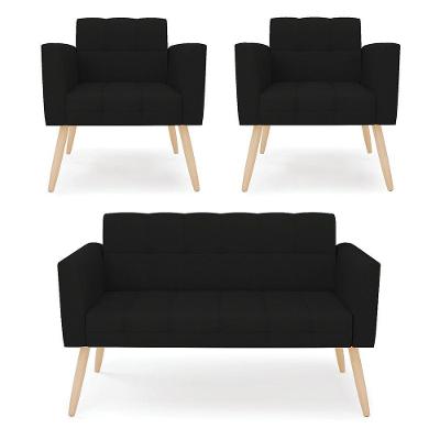 Kit 1 Sofá Namoradeira E 2 Poltronas Elisa Linho Pés Palito Natural - D'rossi Cor A79 Preto
