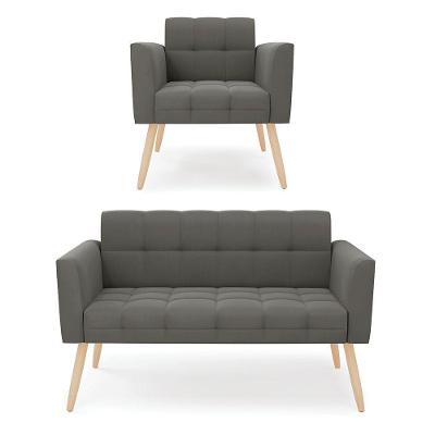 Kit 1 Sofá Namoradeira E 1 Poltrona Elisa Suede Pés Palito Natural - D'rossi Cor Grafite