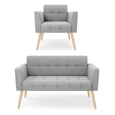 Kit 1 Sofá Namoradeira E 1 Poltrona Elisa Suede Pés Palito Natural - D'rossi Cor Cinza