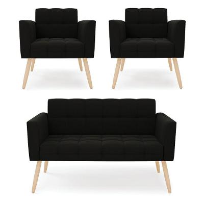 Kit 1 Sofá Namoradeira E 2 Poltronas Elisa Suede Pés Palito Natural - D'rossi Cor Preto