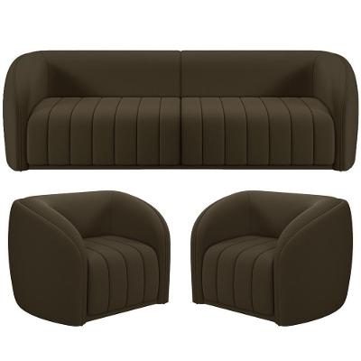 Kit Sofá 04 Lugares Para Sala 252 Cm Com 02 Poltronas Lazio M03 Veludo Marrom - Lyam Decor