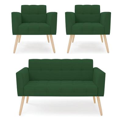 Kit 1 Sofá Namoradeira E 2 Poltronas Elisa Veludo Verde Pés Palito Natural - D'rossi
