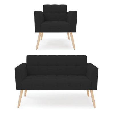 Kit 1 Sofá Namoradeira E 1 Poltrona Elisa Veludo Pés Palito Natural - D'rossi Cor Preto