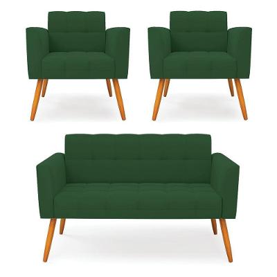 Kit 1 Sofá Namoradeira E 2 Poltronas Elisa Veludo Pés Palito Castanho - D'rossi Cor Verde
