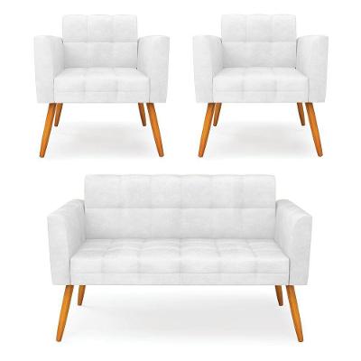 Kit 1 Sofá Namoradeira E 2 Poltronas Elisa Corano Pés Palito Castanho - D'rossi Cor Branco