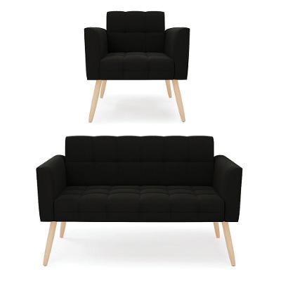 Kit 1 Sofá Namoradeira E 1 Poltrona Elisa Suede Preto Pés Palito Natural - D'rossi