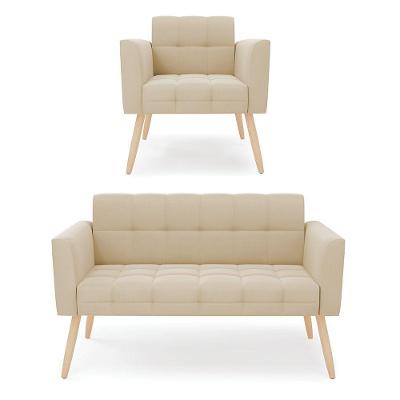 Kit 1 Sofá Namoradeira E 1 Poltrona Elisa Suede Pés Palito Natural - D'rossi Cor Bege