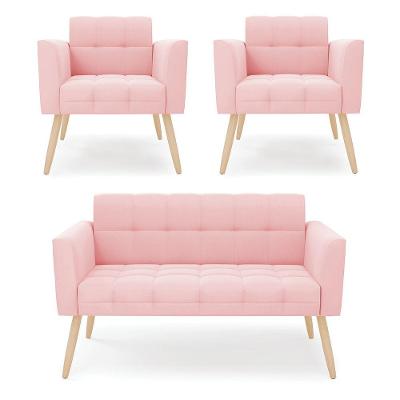 Kit 1 Sofá Namoradeira E 2 Poltronas Elisa Suede Rosa Bebê Pés Palito Natural - D'rossi
