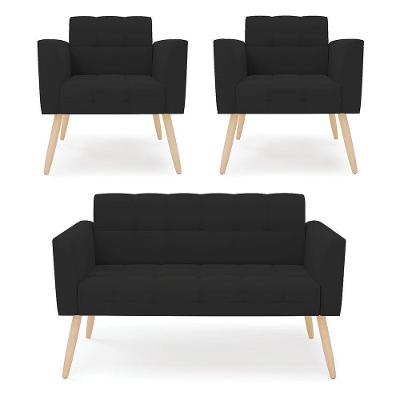 Kit 1 Sofá Namoradeira E 2 Poltronas Elisa Veludo Pés Palito Natural - D'rossi Cor Preto