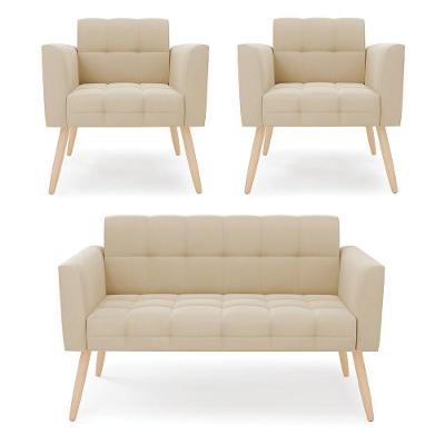 Kit 1 Sofá Namoradeira E 2 Poltronas Elisa Suede Pés Palito Natural - D'rossi Cor Bege