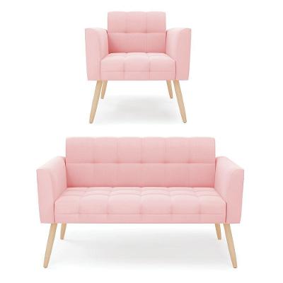 Kit 1 Sofá Namoradeira E 1 Poltrona Elisa Suede Rosa Bebê Pés Palito Natural - D'rossi