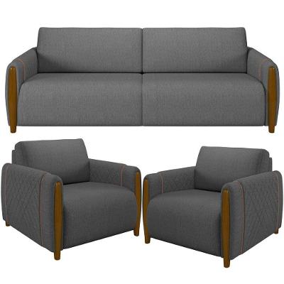 Kit Sofá 03 Lugares 223Cm Com 02 Poltronas Flora M03 Chumbo
