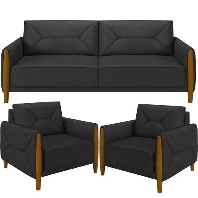 Kit Sofá 2 Lugares 165Cm Com 02 Poltronas Berilo M03 Preto