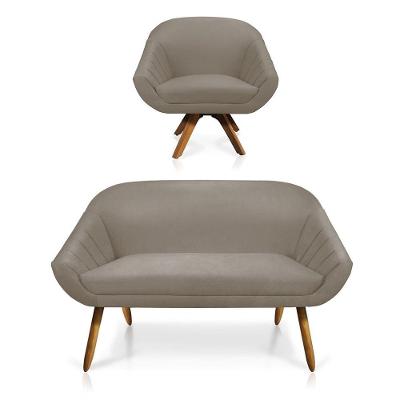 Kit 01 Namoradeira 02 Lugares E 01 Poltrona Giratória Giovana Suede Base Madeira Mm30 D'rossi Marrom Rato