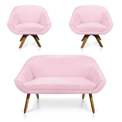 Kit 01 Namoradeira 02 Lugares E 02 Poltronas Giratória Giovana Suede Base Madeira Mm30 D'rossi Rosa Bebê