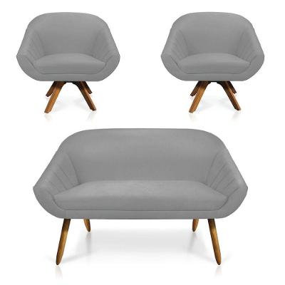 Kit 01 Namoradeira 02 Lugares E 02 Poltronas Giratória Giovana Suede Base Madeira Mm30 - D'rossi Cinza