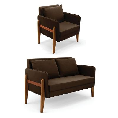 Kit 1 Sofá Namoradeira E 1 Poltrona Lana Suede Base De Madeira - D'rossi Cor Marrom
