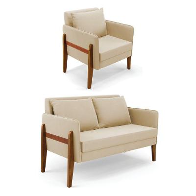 Kit 1 Sofá Namoradeira E 1 Poltrona Lana Suede Base De Madeira - D'rossi Cor Bege