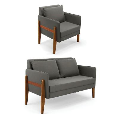 Kit 1 Sofá Namoradeira E 1 Poltrona Lana Suede Base De Madeira - D'rossi Cor Grafite