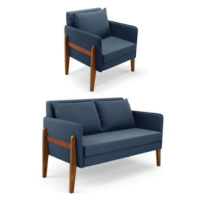 Kit 1 Sofá Namoradeira E 1 Poltrona Lana Suede Base De Madeira - D'rossi Cor Azul Marinho