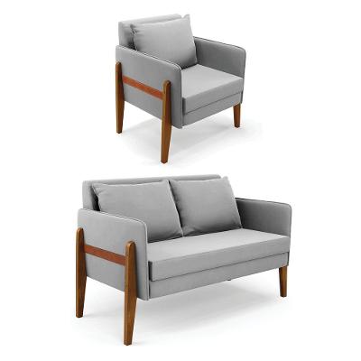 Kit 1 Sofá Namoradeira E 1 Poltrona Lana Suede Base De Madeira - D'rossi Cor Cinza