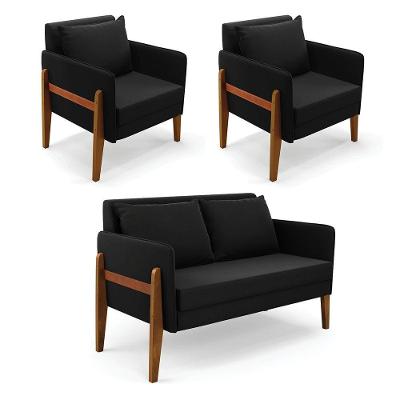 Kit 1 Sofá Namoradeira E 2 Poltronas Lana Suede Base De Madeira - D'rossi Cor Preto