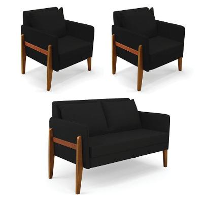Kit 1 Sofá Namoradeira E 2 Poltronas Lana Linho Base De Madeira - D'rossi Cor A79 Preto
