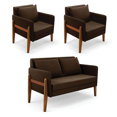 Kit 1 Sofá Namoradeira E 2 Poltronas Lana Suede Base De Madeira - D'rossi Cor Marrom
