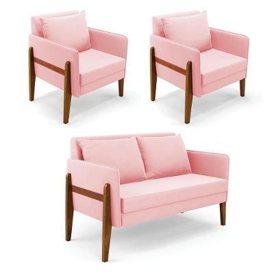 Kit 1 Sofá Namoradeira E 2 Poltronas Lana Suede Base De Madeira - D'rossi Cor Rosa Bebê