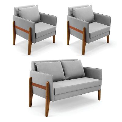 Kit 1 Sofá Namoradeira E 2 Poltronas Lana Suede Base De Madeira - D'rossi Cor Cinza