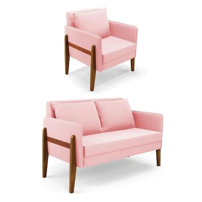 Kit 1 Sofá Namoradeira E 1 Poltrona Lana Suede Rosa Bebê Base De Madeira - D'rossi