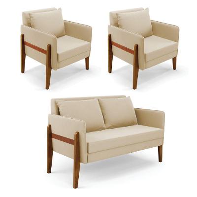 Kit 1 Sofá Namoradeira E 2 Poltronas Lana Suede Base De Madeira - D'rossi Cor Bege