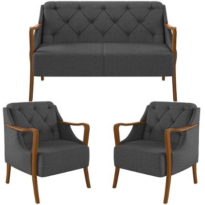 Kit Sofá 02 Lugares 135Cm Com 02 Poltronas Coral M03 Chumbo