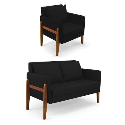 Kit 1 Sofá Namoradeira E 1 Poltrona Lana Linho Base De Madeira - D'rossi Cor A79 Preto
