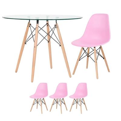 Mesa Redonda Eames Com Tampo De Vidro 100 Cm + 3 Cadeiras Eiffel Dsw Rosa Claro