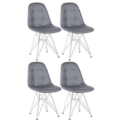 Kit 4 Cadeiras Estofadas Charles Eames Eiffel Botonê Com Pés De Metal Cromado Cinza Escuro