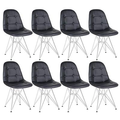 Kit 8 Cadeiras Estofadas Charles Eames Eiffel Botonê Com Pés De Metal Cromado Preto Preto