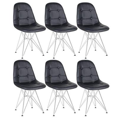 Kit 6 Cadeiras Estofadas Charles Eames Eiffel Botonê Com Pés De Metal Cromado Preto Preto