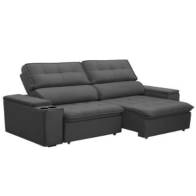 Sofá Retrátil E Reclinável 3 Lugares 230cm Zoho Porta Copos No Braço Veludo Grafite G22 - Gran Belo
