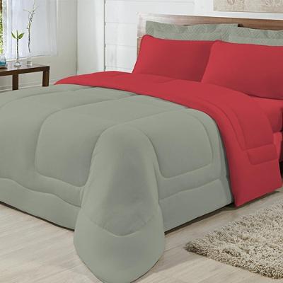 Kit 03 Peças Edredom Casal Queen Cinza com Vermelho