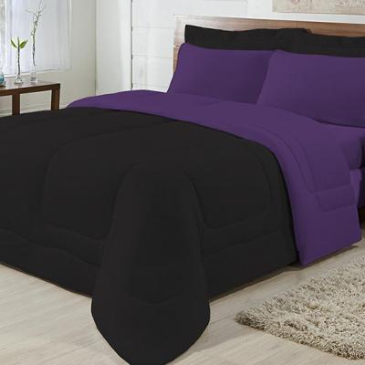 Kit 04 Peças Edredom Casal King 100% Algodão Preto com Roxo