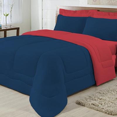 Kit 04 Peças Edredom Casal King Azul Marinho com Vermelho