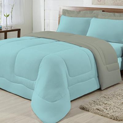 Kit 4 Peças Edredom Casal 100% Algodão Azul Claro com Cinza