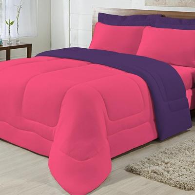 Kit 5 Peças Edredom Casal 100% Algodão Pink com Roxo