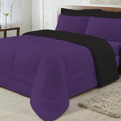 Kit 5 Peças Edredom Casal 100% Algodão Roxo com Preto