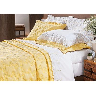 Kit Cobre Leito Casal 03 Peças Bordado Percal Amarelo